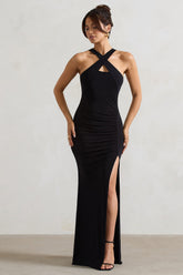 Black Cross Over Halter-Neck Split Maxi Dress